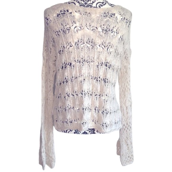 Cream Perforated Crop Top Sweater W/ Bell Sleeves - Picture 1 of 5